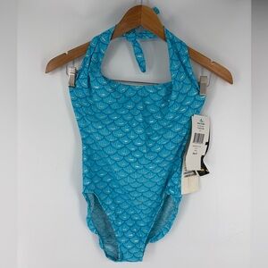 NWT VTG Cazimi Women's Swimsuit One-Piece Halter Seashell Blue 8 Long Bra USA